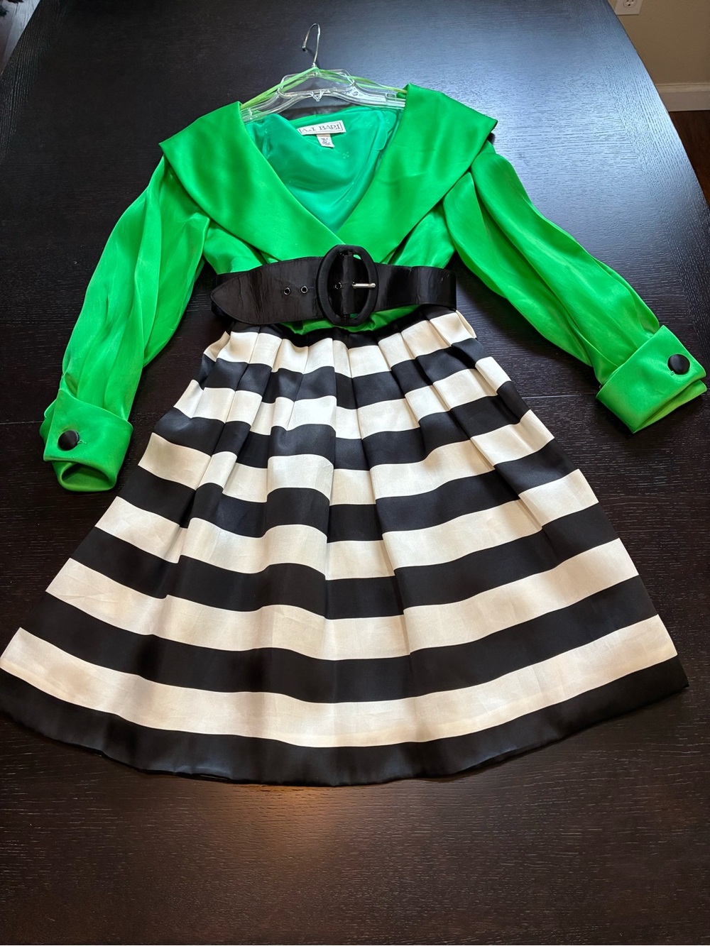 A.J. Bari Green Top with Black and White Striped Skirt Girls Dress